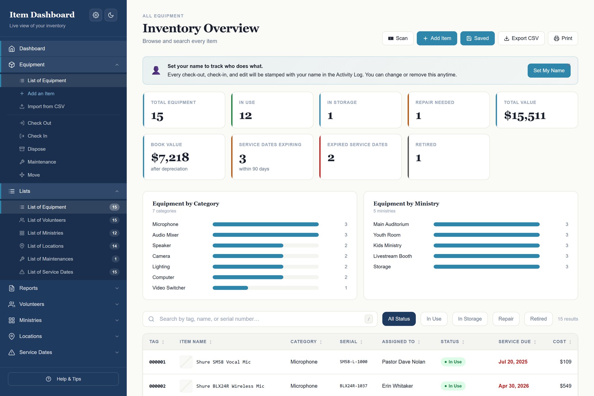 AV Equipment dashboard showing every item, its status and what it is worth