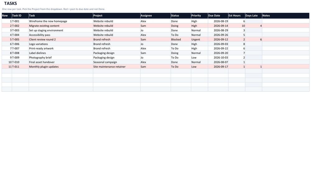 The tasks sheet with overdue rows shaded red and a days-late column