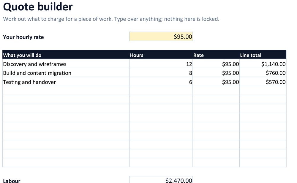 The quote builder totalling labour, costs to pass on and a contingency percentage into one figure